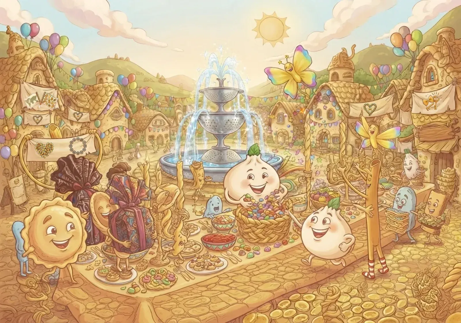 A festival in the Land of Pasta: tables laid around the fountain in the square, with characters celebrating