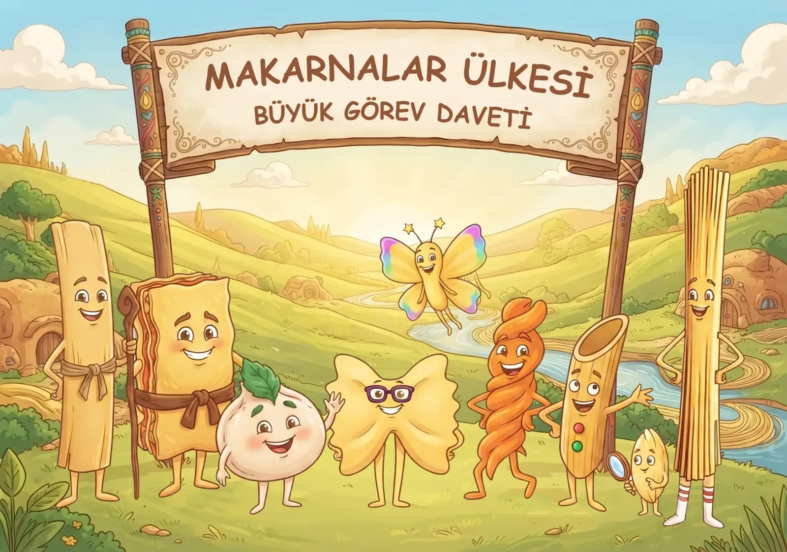 The characters of the Land of Pasta standing together under a sign that reads “Büyük Görev Daveti” (The Great Quest Invitation)