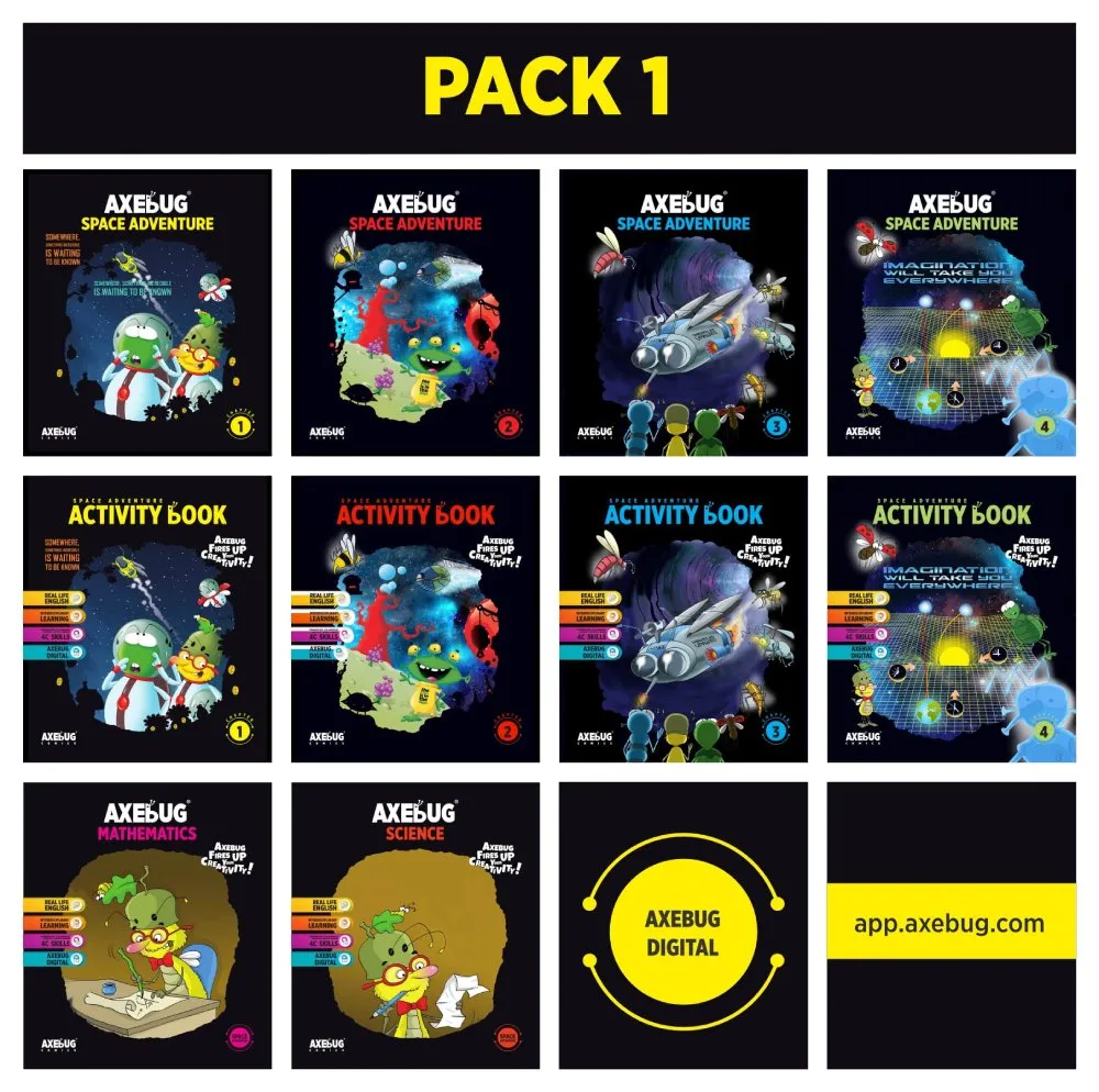 Pack 1 covers: four comics, four activity books, mathematics and science books, AxeBug Digital
