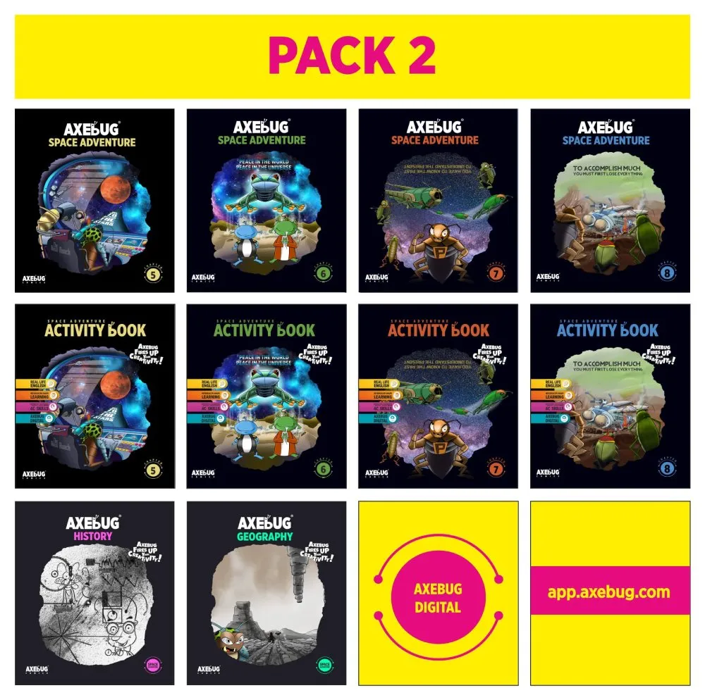 Pack 2 covers: four comics, four activity books, history and geography books, AxeBug Digital