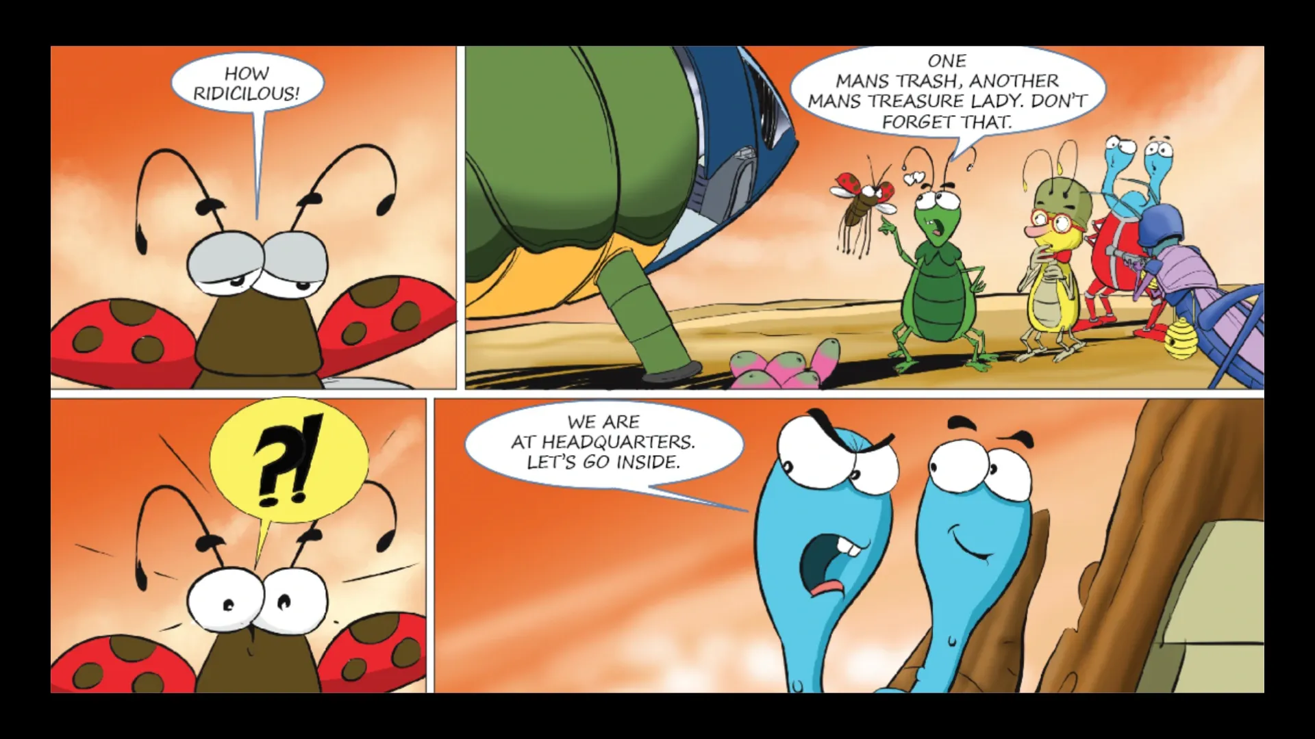 Panels from the AxeBug comic: the ladybug and friends arrive at headquarters