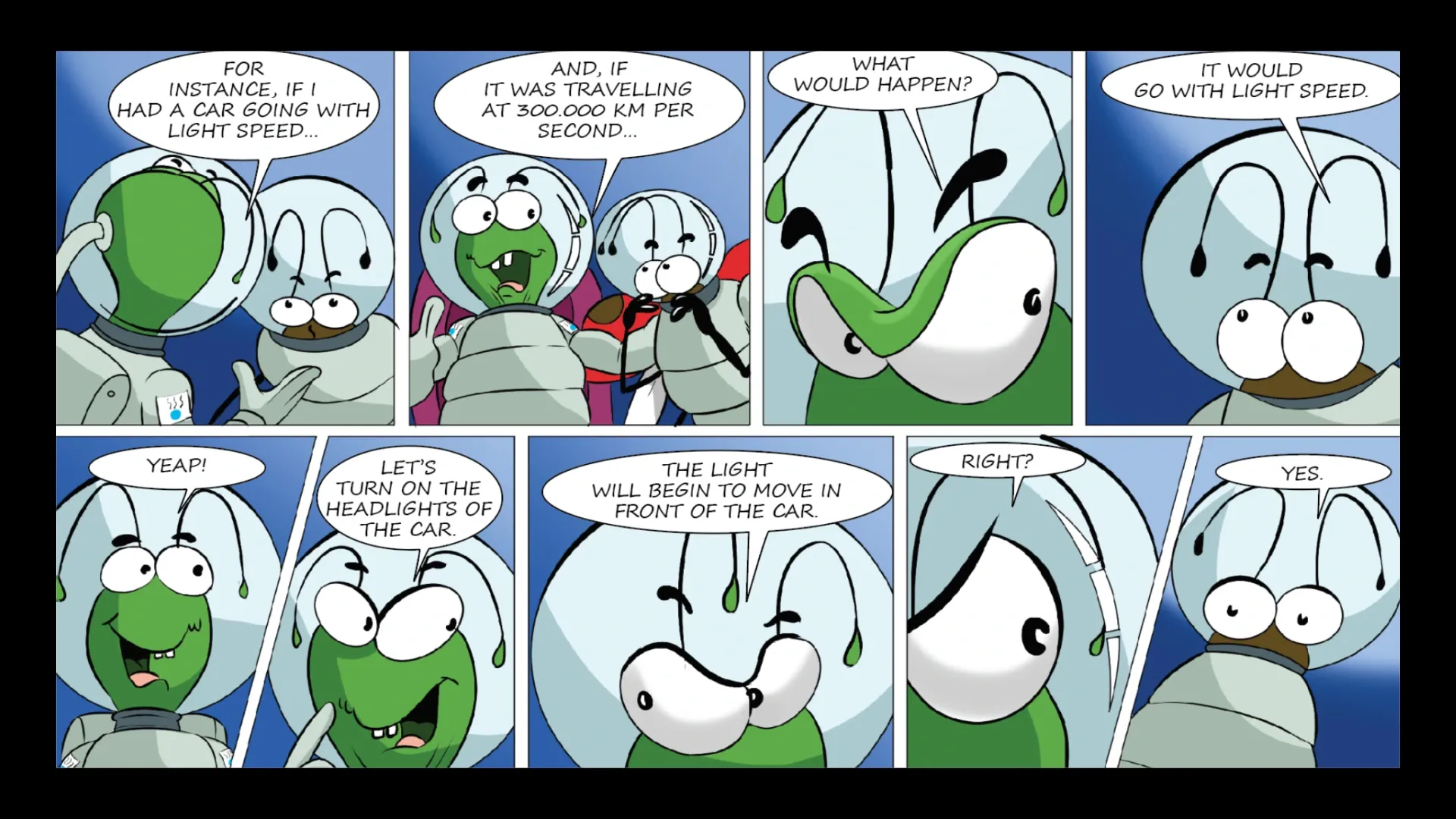 Panels from the AxeBug comic: helmeted heroes discuss a car travelling at the speed of light