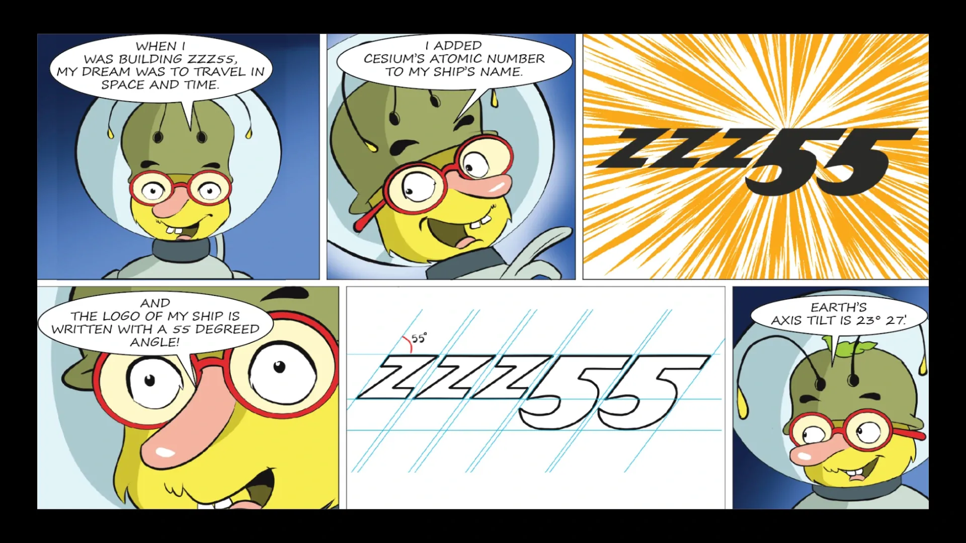 Panels from the AxeBug comic: Axebug explains that he added caesium’s atomic number to the name of his ship, the ZZZ55, and wrote its logo at a 55-degree angle