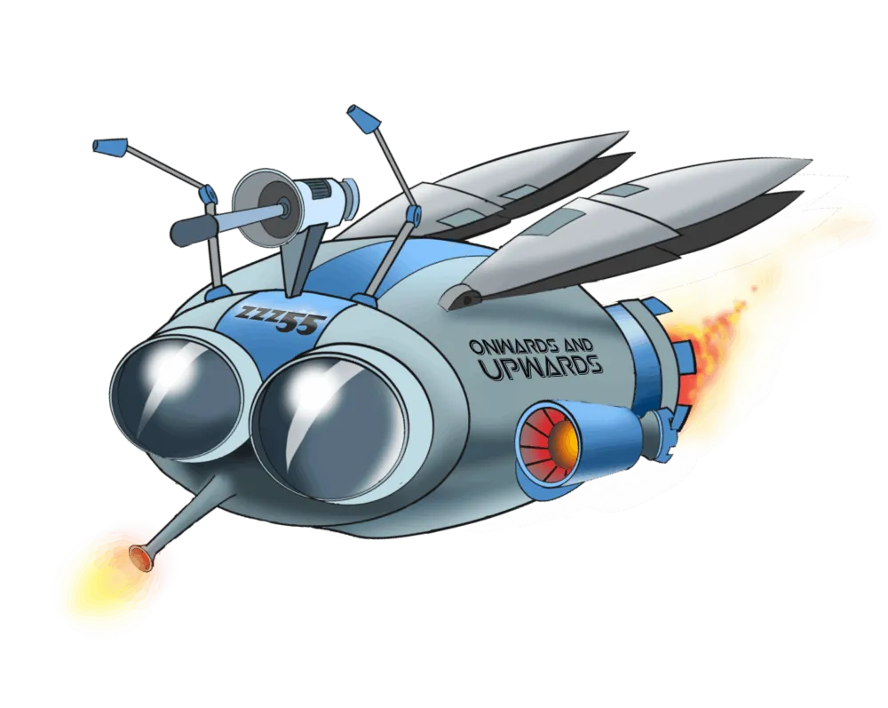 AxeBug evreninin uzay gemisi ZZZ55; gövdesinde “Onwards and upwards” yazıyor